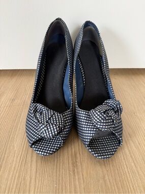 Ann Marino Navy and White Check Peep-Toe Knot Heels